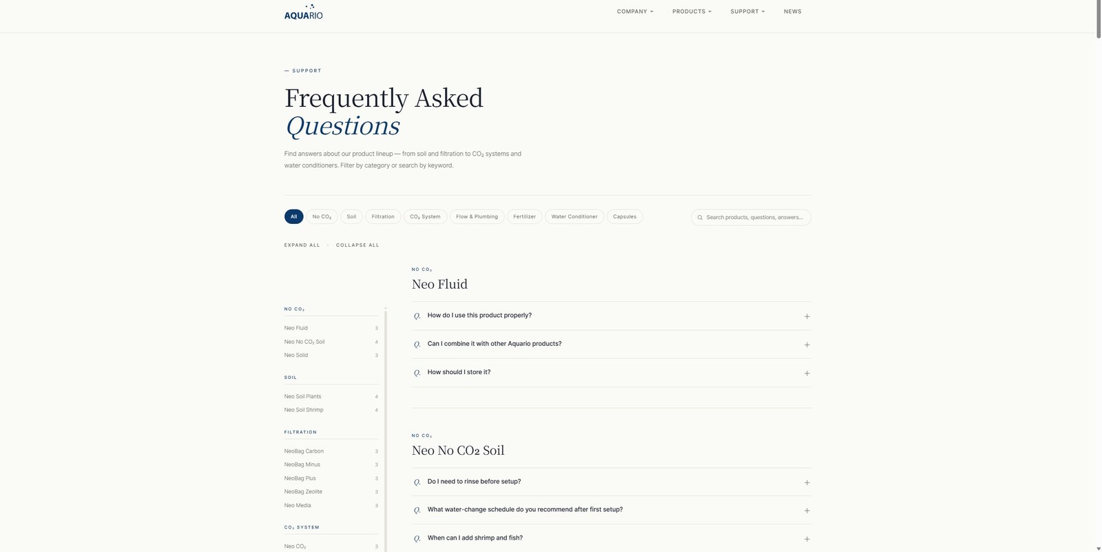 FAQ — 카테고리 필터·검색·제품별 사이드 인덱스